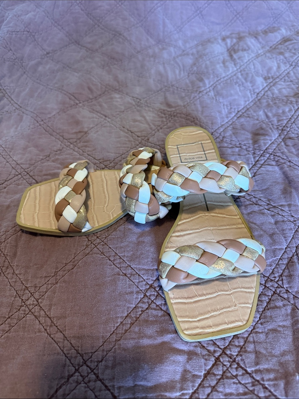 Dolce Vita Braided Slide Sandals in Beige, White & Gold